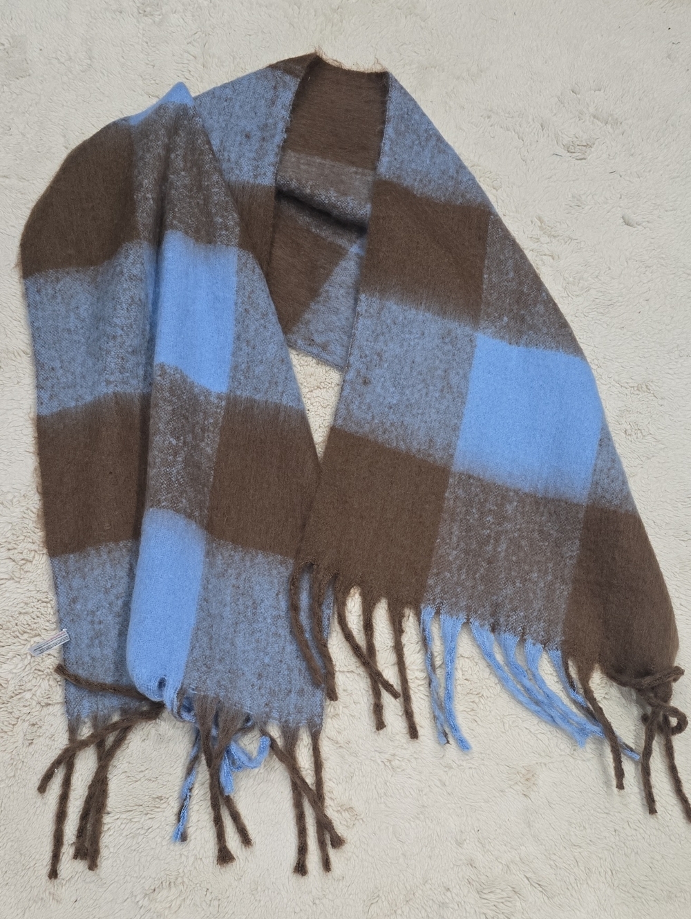 Blue and Brown Plaid Fringe Wrap Scarf